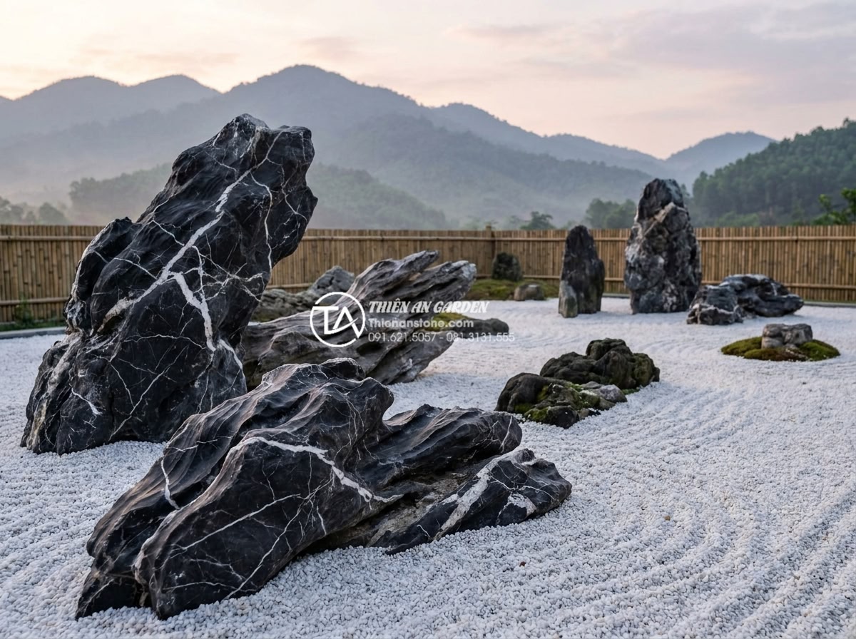Tại sao tiểu cảnh khô Nhật Bản lại sử dụng đá làm chủ đạo? - A serene Japanese karesansui dry garden featuring large weathered rocks arranged