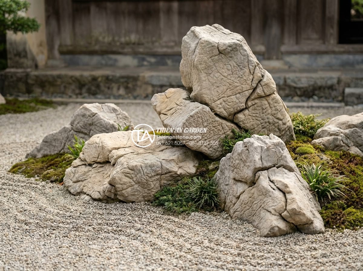 Tại sao tiểu cảnh khô Nhật Bản lại sử dụng đá làm chủ đạo? - Masterful asymmetrical rock arrangement in classic karesansui garden demonstrati