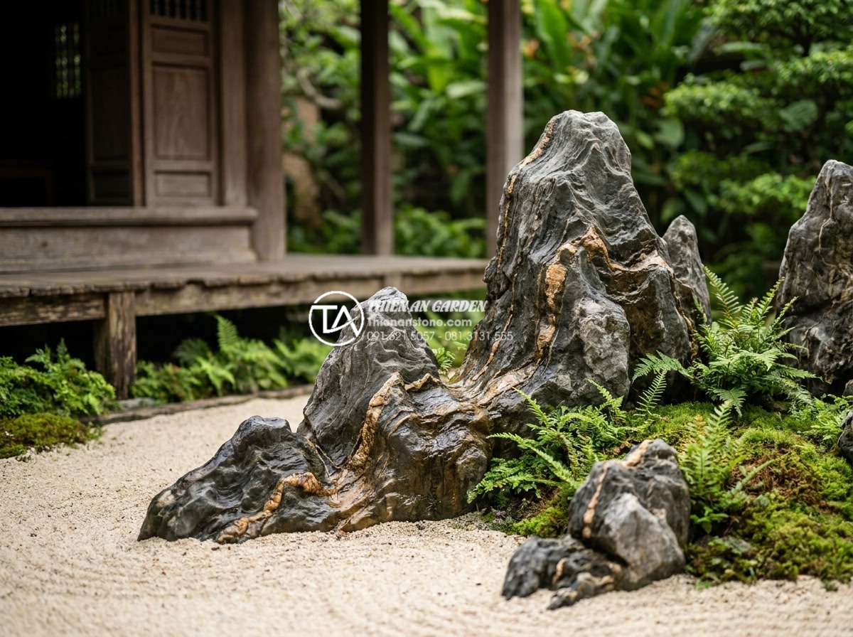 Tại sao tiểu cảnh khô Nhật Bản lại sử dụng đá làm chủ đạo? - Person meditating in front of a Japanese stone garden with rocks and raked sand,