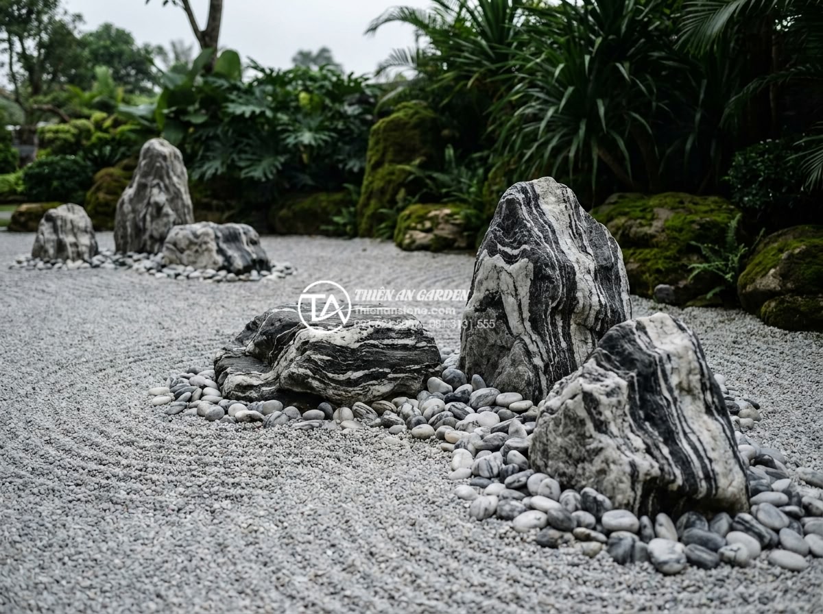 Tại sao tiểu cảnh khô Nhật Bản lại sử dụng đá làm chủ đạo? - Raked gravel and pebble details around large rocks in modern Japanese dry landsc