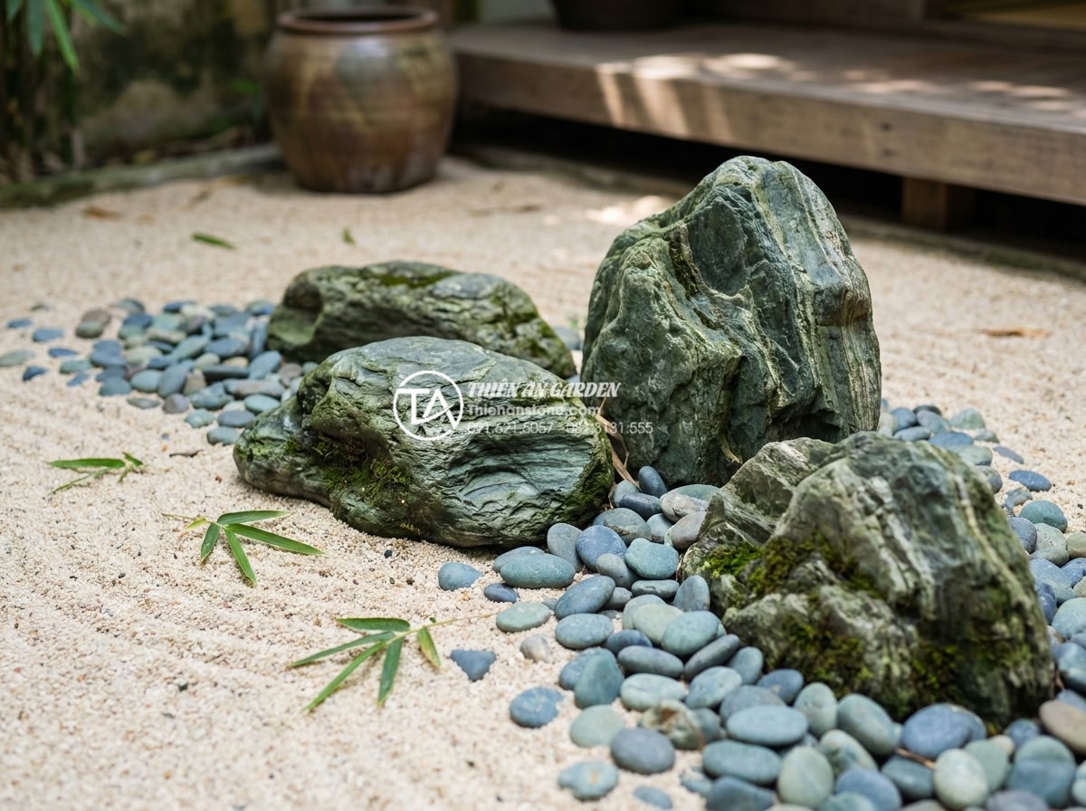Tại sao tiểu cảnh khô Nhật Bản lại sử dụng đá làm chủ đạo? - Close-up of colored pebbles and fine sand arranged artistically in contemporary 
