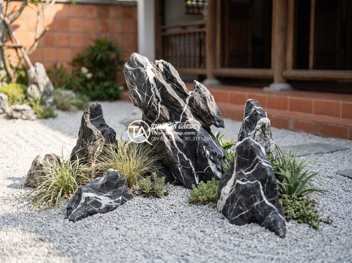 Tại sao tiểu cảnh khô Nhật Bản lại sử dụng đá làm chủ đạo? - Beautiful dry rock garden in a luxury villa backyard showing low-maintenance ben