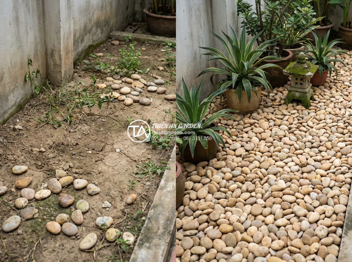 Tại sao tiểu cảnh khô Nhật Bản lại sử dụng đá làm chủ đạo? - Before and after comparison of rock garden installation demonstrating durability