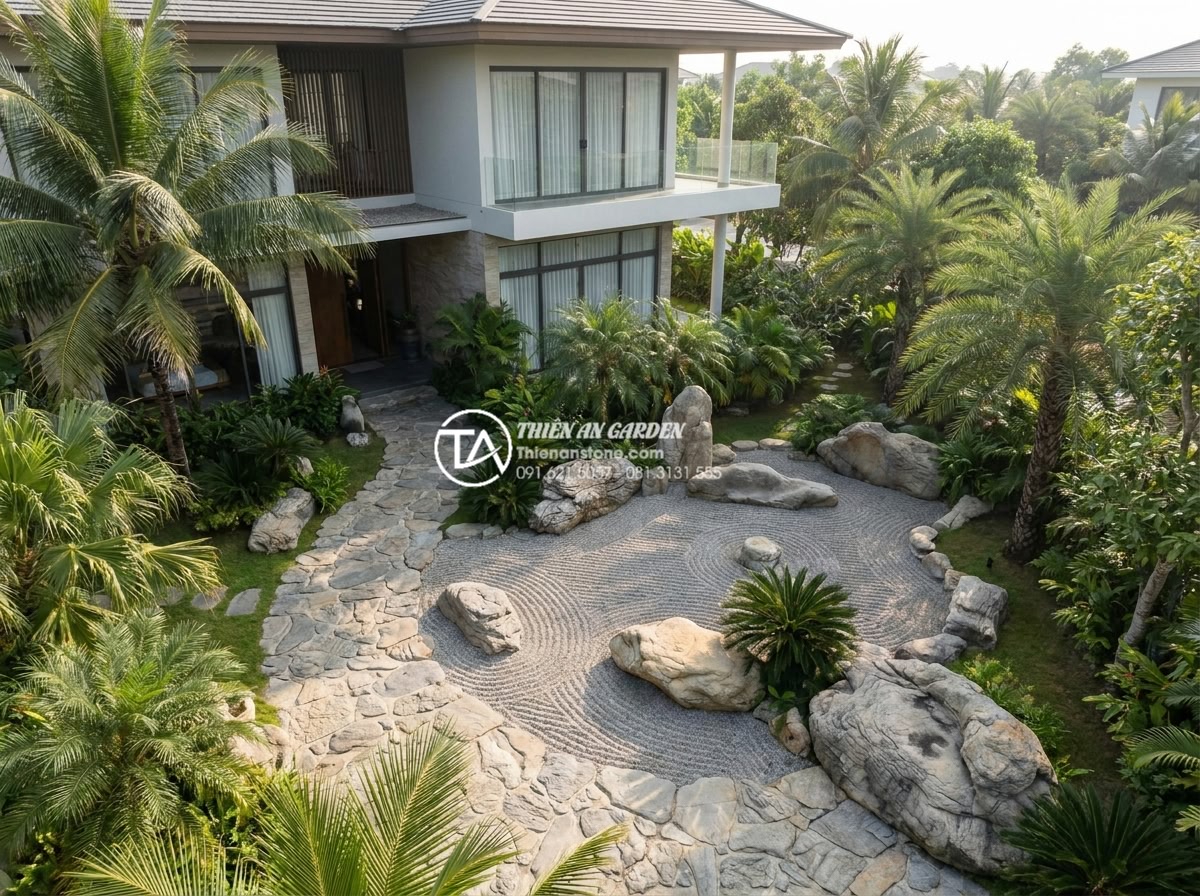Tại sao tiểu cảnh khô Nhật Bản lại sử dụng đá làm chủ đạo? - Modern Vietnamese luxury villa with Japanese inspired dry rock garden integrated