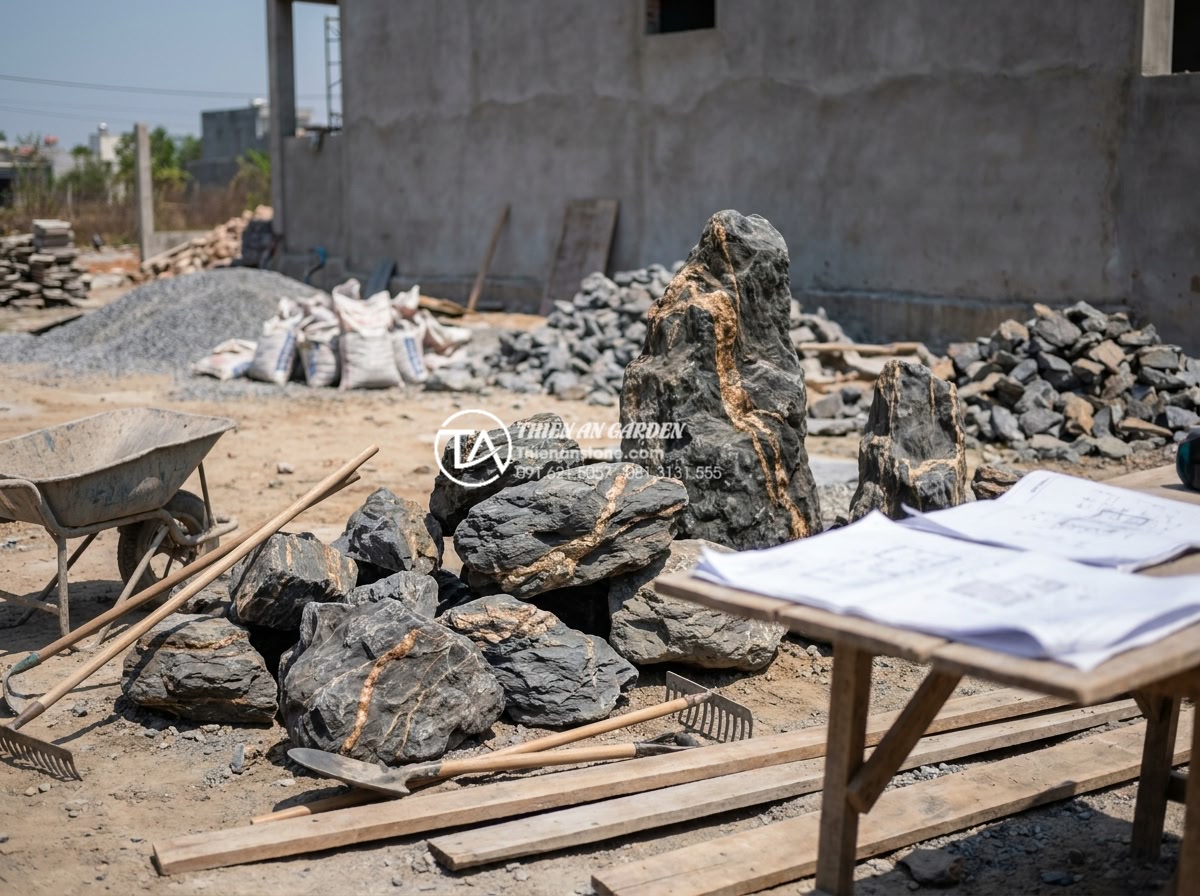 Tại sao tiểu cảnh khô Nhật Bản lại sử dụng đá làm chủ đạo? - Professional team installing Japanese dry garden rocks and gravel in a construct
