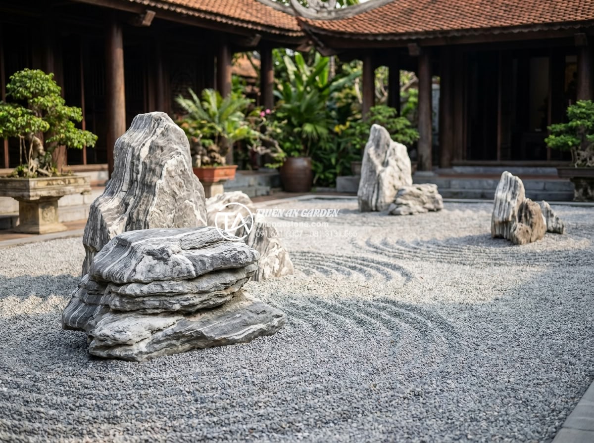 Tại sao tiểu cảnh khô Nhật Bản lại sử dụng đá làm chủ đạo? - Completed professional karesansui dry landscape project with finished rock place
