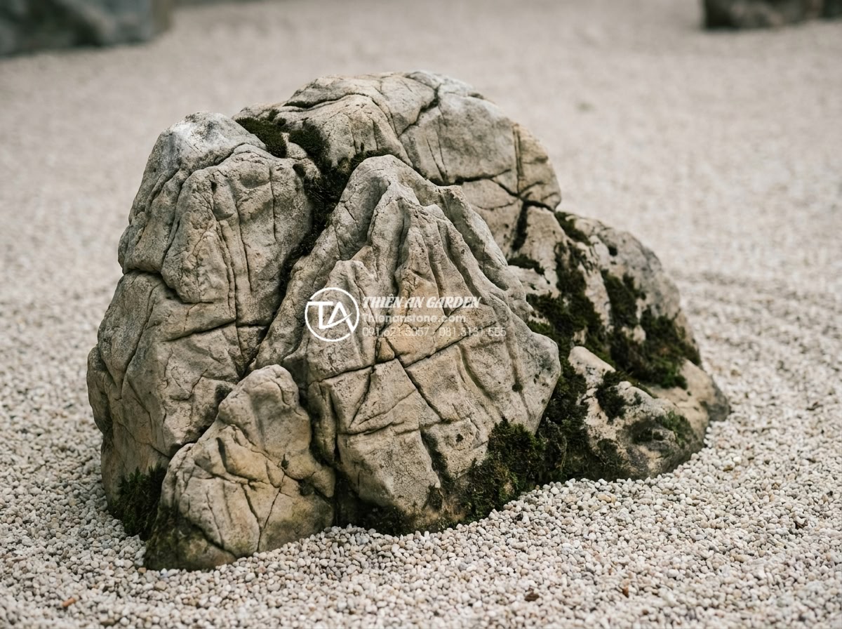 Tại sao tiểu cảnh khô Nhật Bản lại sử dụng đá làm chủ đạo? - Close-up view of ancient Japanese zen rock with moss patches and intricate natur