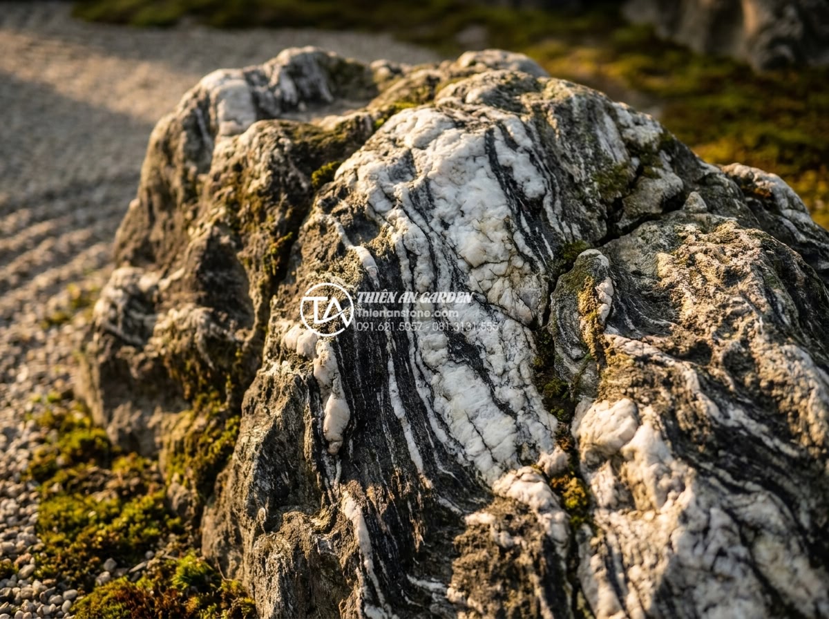 Tại sao tiểu cảnh khô Nhật Bản lại sử dụng đá làm chủ đạo? - Macro shot of natural stone surface in karesansui garden showing mineral veins a