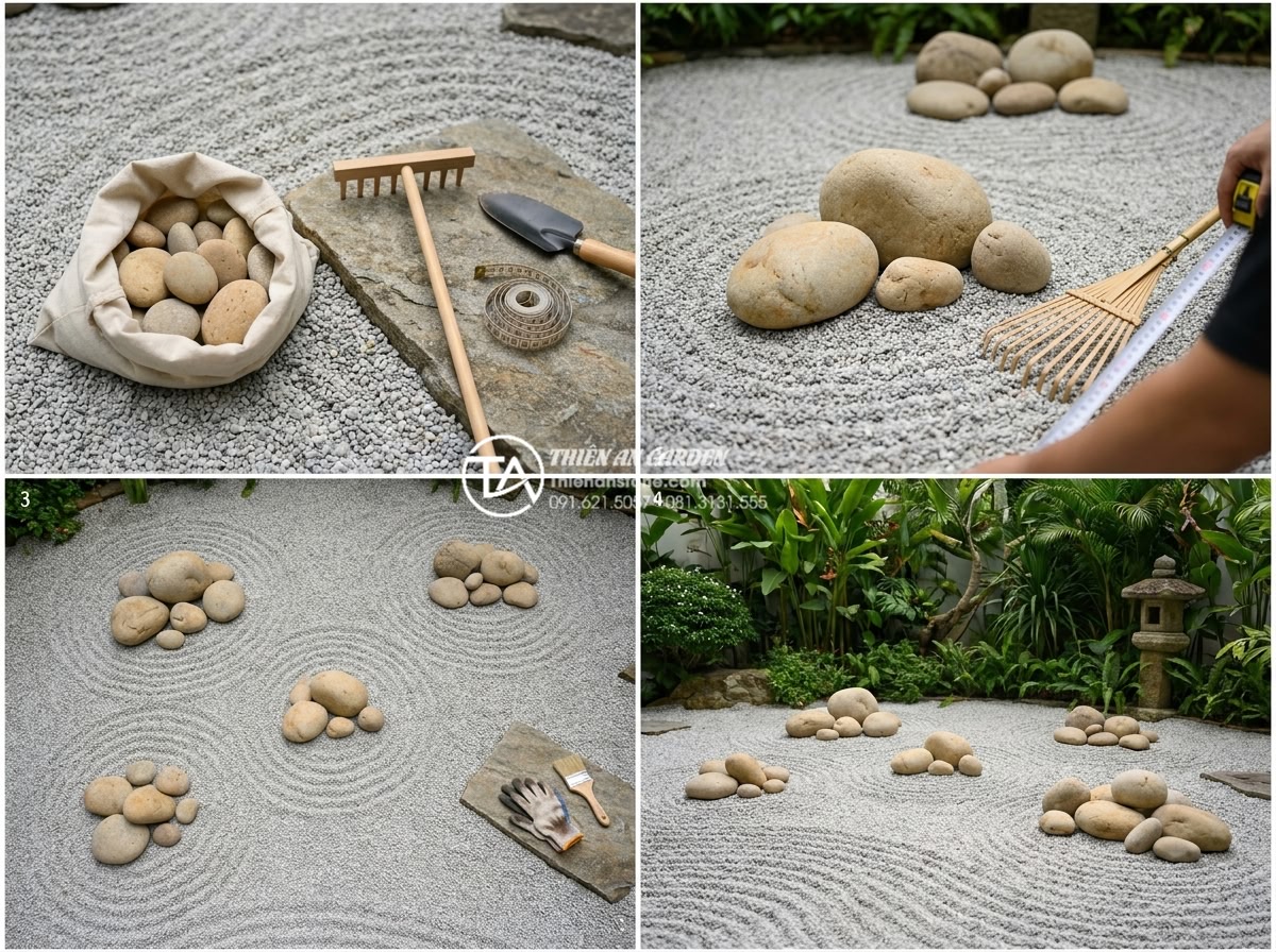 Tại sao tiểu cảnh khô Nhật Bản lại sử dụng đá làm chủ đạo? - Step-by-step process of arranging rocks in Japanese dry garden style with tools,