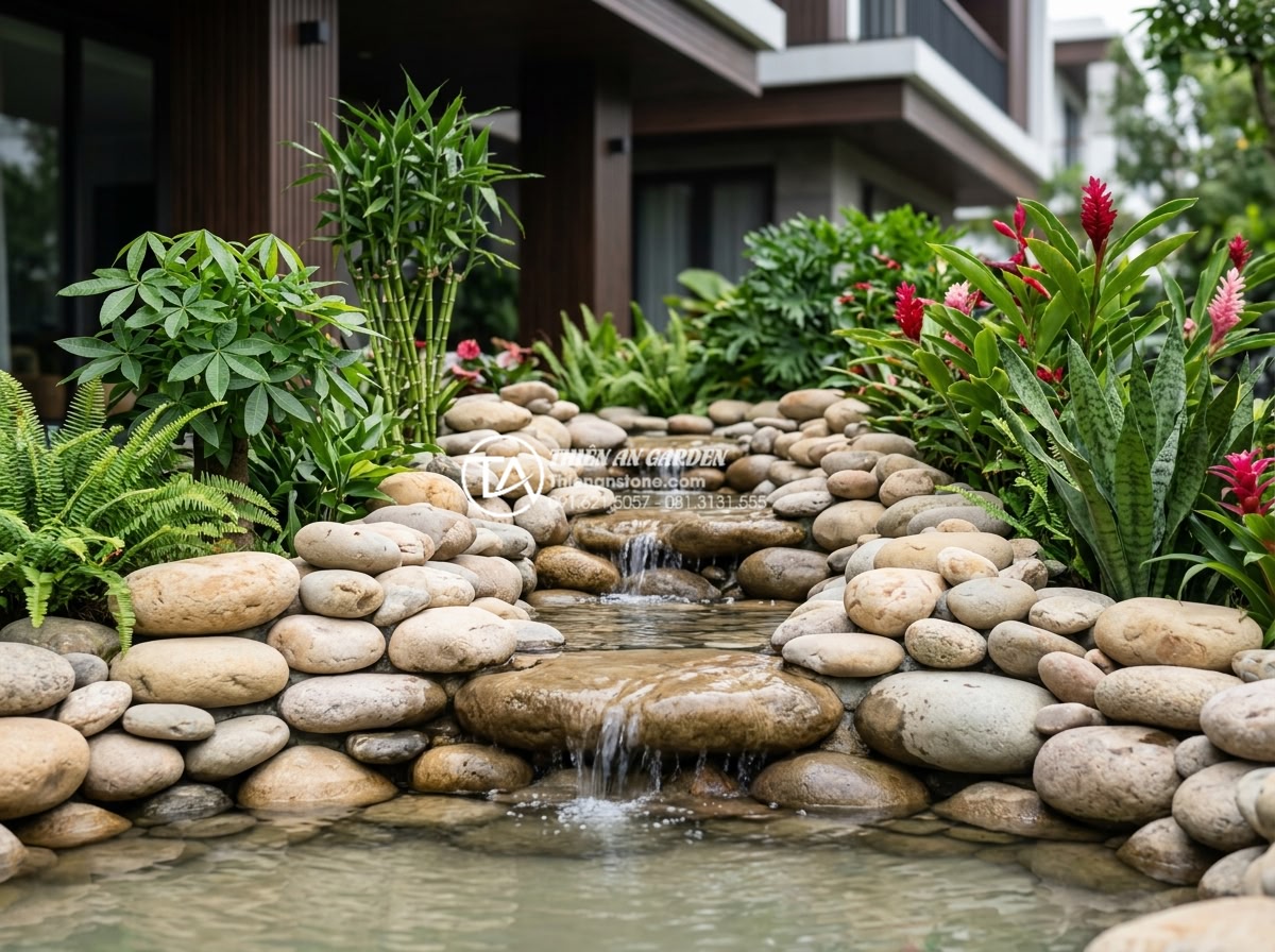 Tại sao tiểu cảnh nước chảy phong thủy lại được giới kinh doanh ưa chuộng? - Hình 3 Tại sao tiểu cảnh nước chảy phong thủy lại được giới kinh doanh ưa chuộng? - Luxurious feng shui water cascade made from natural carved stones with gentle fl