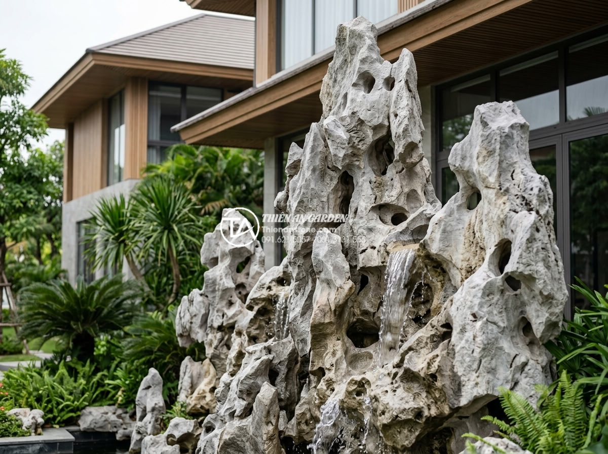 Tại sao tiểu cảnh nước chảy phong thủy lại được giới kinh doanh ưa chuộng? - Hình 5 Tại sao tiểu cảnh nước chảy phong thủy lại được giới kinh doanh ưa chuộng? - Professional business office exterior with large natural stone water wall featur