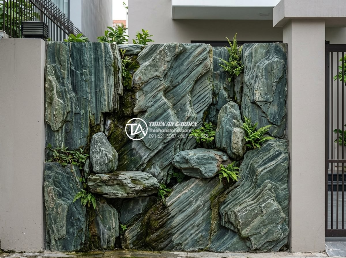 Tại sao tiểu cảnh vách tường là giải pháp làm mát nhà phố hiệu quả nhất? - Modern minimalist vertical stone garden wall using sleek black basalt rocks and 