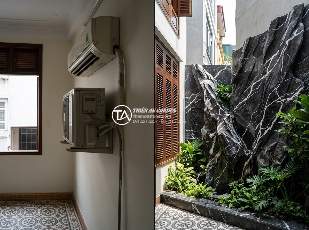 Tại sao tiểu cảnh vách tường là giải pháp làm mát nhà phố hiệu quả nhất? - Comparison infographic style image contrasting traditional air conditioner unit 