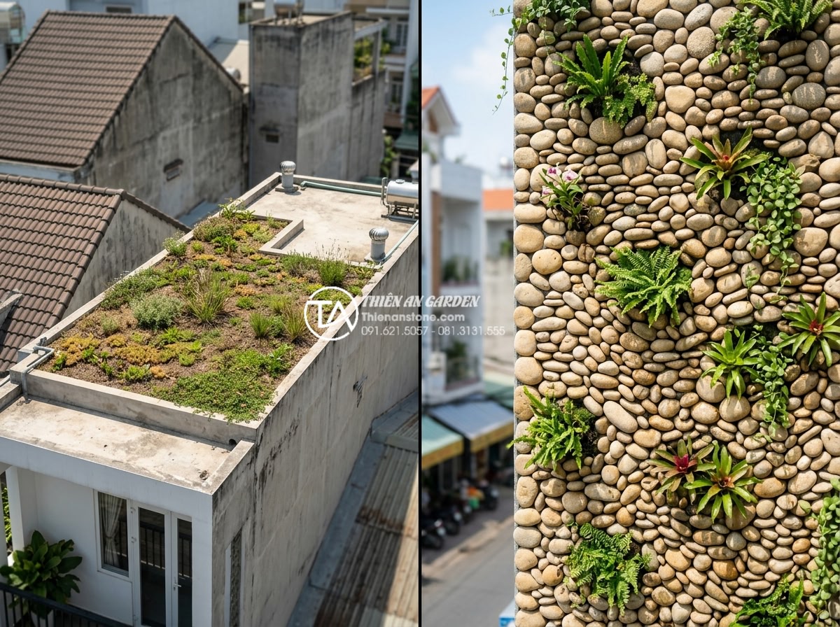 Tại sao tiểu cảnh vách tường là giải pháp làm mát nhà phố hiệu quả nhất? - Side-by-side view of conventional green roof versus advanced stone vertical wall
