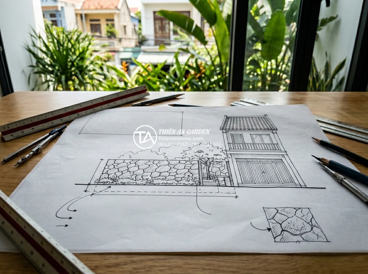 Tại sao tiểu cảnh vách tường là giải pháp làm mát nhà phố hiệu quả nhất? - Professional landscape designer sketching detailed plans for custom stone wall l