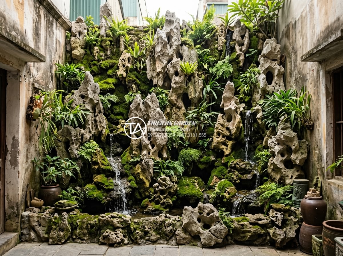 Tại sao tiểu cảnh vách tường là giải pháp làm mát nhà phố hiệu quả nhất? - Wide angle shot of an entire vertical garden wall in a narrow townhouse backyard