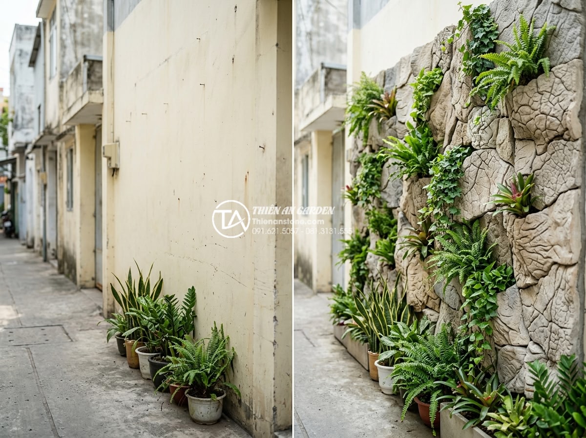 Tại sao tiểu cảnh vách tường là giải pháp làm mát nhà phố hiệu quả nhất? - Real customer testimonial photo collage showing before and after transformation 