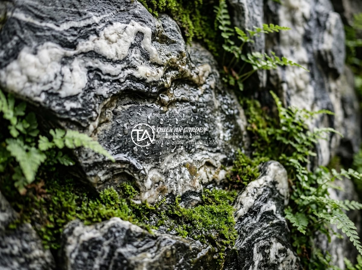 Tại sao tiểu cảnh vách tường là giải pháp làm mát nhà phố hiệu quả nhất? - Macro view of water droplets evaporating on textured carved stone surface with g