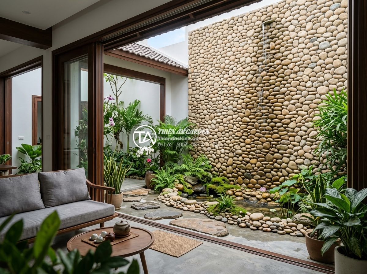 Tại sao tiểu cảnh vách tường là giải pháp làm mát nhà phố hiệu quả nhất? - Serene indoor-outdoor townhouse living area with stone wall landscape providing 