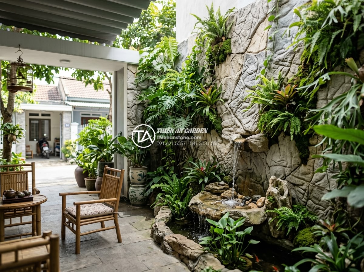 Tại sao tiểu cảnh vách tường là giải pháp làm mát nhà phố hiệu quả nhất? - Family enjoying a cool shaded patio next to a detailed natural stone vertical ga