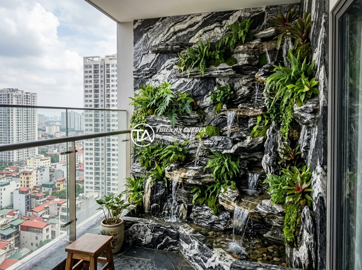 Thiết kế tiểu cảnh vách tường ban công chung cư: Tận dụng từng cm2 - A realistic photograph of a modern apartment balcony wall transformed into a ver