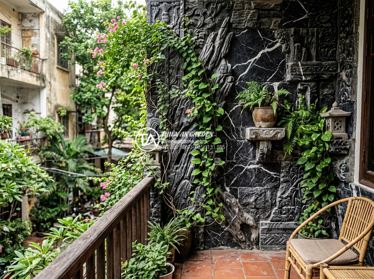 Thiết kế tiểu cảnh vách tường ban công chung cư: Tận dụng từng cm2 - Rustic classic style balcony wall featuring carved natural stone with intricate 