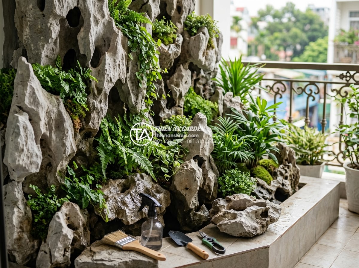 Thiết kế tiểu cảnh vách tường ban công chung cư: Tận dụng từng cm2 - Maintenance guide illustration showing cleaning natural stone wall garden on bal