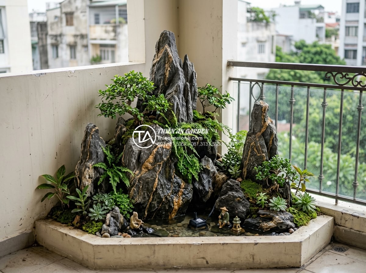 Thiết kế tiểu cảnh vách tường ban công chung cư: Tận dụng từng cm2 - Long-term beautiful maintained balcony wall small scene with vibrant stones and 
