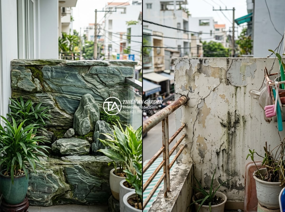 Thiết kế tiểu cảnh vách tường ban công chung cư: Tận dụng từng cm2 - Side-by-side visual of stone-based small scene versus alternative material balco