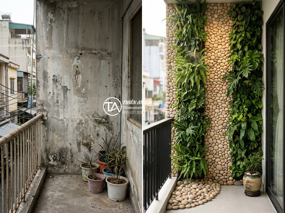 Thiết kế tiểu cảnh vách tường ban công chung cư: Tận dụng từng cm2 - Before and after transformation images of apartment balcony wall into luxurious 