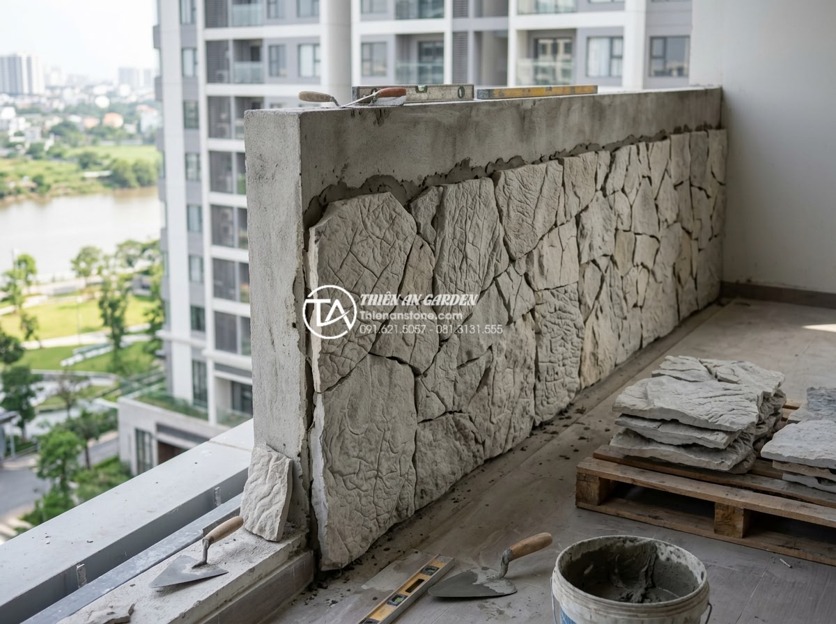 Thiết kế tiểu cảnh vách tường ban công chung cư: Tận dụng từng cm2 - Professional team from Da Canh Thien An installing high-end stone balcony wall s