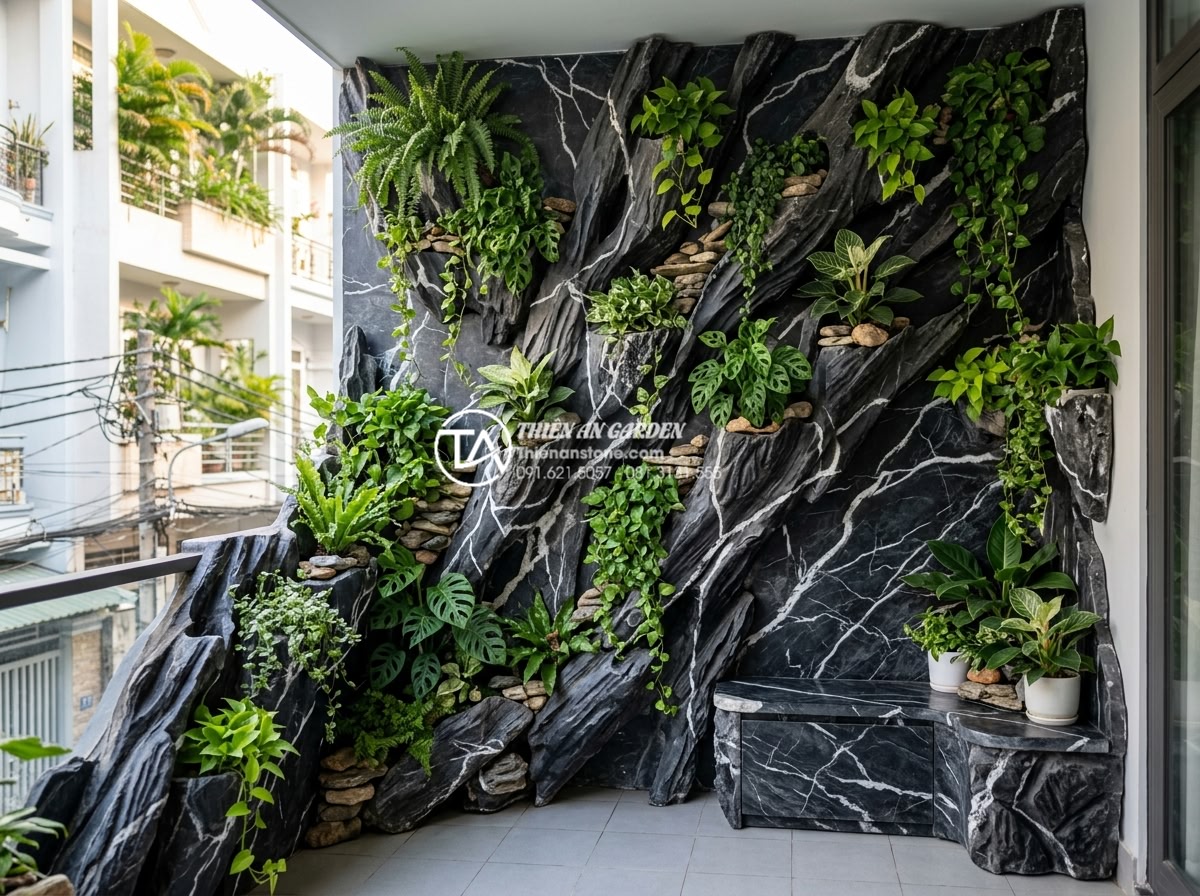 Thiết kế tiểu cảnh vách tường ban công chung cư: Tận dụng từng cm2 - Innovative space-saving balcony wall design in a small apartment, showcasing com