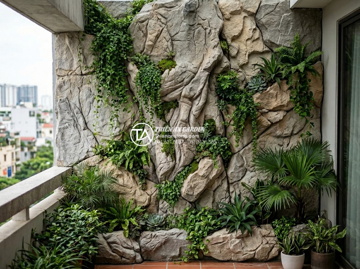 Thiết kế tiểu cảnh vách tường ban công chung cư: Tận dụng từng cm2 - High-quality natural stone slabs and carvings installed on an apartment balcony 