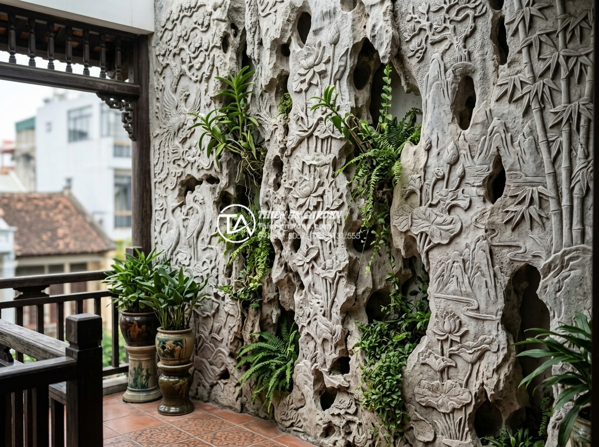 Thiết kế tiểu cảnh vách tường ban công chung cư: Tận dụng từng cm2 - Intricate hand-carved natural stone sculptures and artistic stonework on a balco