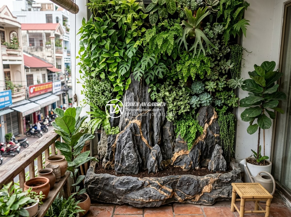 Thiết kế tiểu cảnh vách tường ban công chung cư: Tận dụng từng cm2 - Lush vertical green wall on apartment balcony using natural stone base with clim