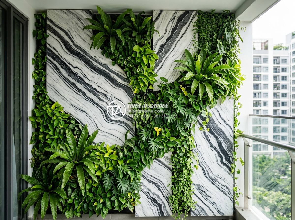 Thiết kế tiểu cảnh vách tường ban công chung cư: Tận dụng từng cm2 - Beautiful integration of natural stone panels and dense vertical greenery on a c