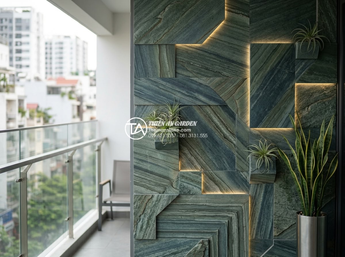Thiết kế tiểu cảnh vách tường ban công chung cư: Tận dụng từng cm2 - Minimalist modern balcony wall with sleek natural stone tiles, geometric pattern