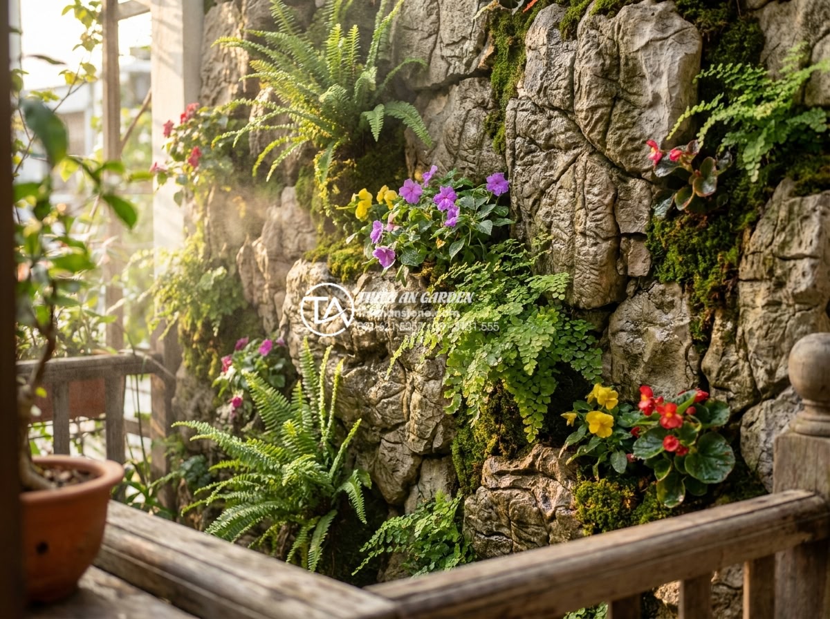 Thiết kế tiểu cảnh vách tường mini: Giải pháp xanh cho nhà phố diện tích nhỏ - Hình 2 Thiết kế tiểu cảnh vách tường mini: Giải pháp xanh cho nhà phố diện tích nhỏ - Detailed realistic image of a thriving mini vertical garden wall in a narrow urb
