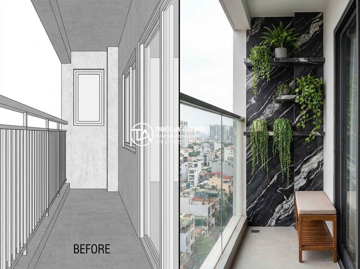 Thiết kế tiểu cảnh vách tường mini: Giải pháp xanh cho nhà phố diện tích nhỏ - Hình 5 Thiết kế tiểu cảnh vách tường mini: Giải pháp xanh cho nhà phố diện tích nhỏ - Technical architectural rendering and real photo comparison of a narrow 80cm wid