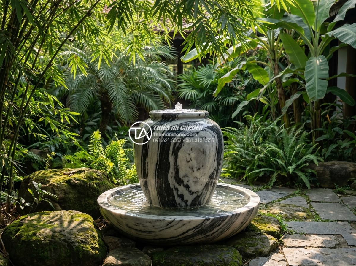 Tiểu cảnh chum nước chảy tuần hoàn: Âm thanh thư giãn cho không gian sống - Hình 1 Tiểu cảnh chum nước chảy tuần hoàn: Âm thanh thư giãn cho không gian sống - Serene Vietnamese courtyard featuring a large hand-carved natural stone circulat