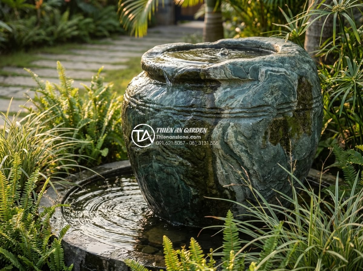 Tiểu cảnh chum nước chảy tuần hoàn: Âm thanh thư giãn cho không gian sống - Hình 2 Tiểu cảnh chum nước chảy tuần hoàn: Âm thanh thư giãn cho không gian sống - Close-up view of a premium natural stone water jar in a modern villa garden, wat