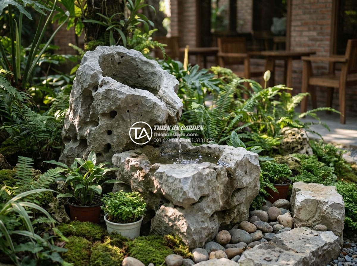 Tiểu cảnh chum nước cho quán cafe: Tuyệt chiêu thu hút khách check-in - A serene miniature water jar landscape feature in a modern Vietnamese cafe garde