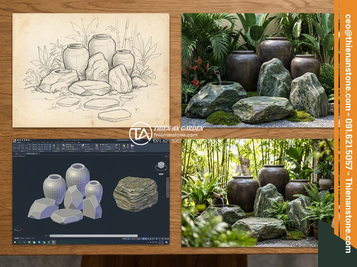 Tiểu cảnh chum nước cho quán cafe: Tuyệt chiêu thu hút khách check-in - Step-by-step 3D design process for cafe water jar landscape, showing sketches, C