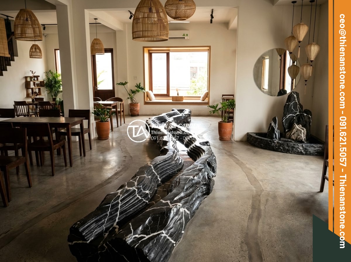 Tiểu cảnh chum nước cho quán cafe: Tuyệt chiêu thu hút khách check-in - Optimized cafe space layout with strategically placed stone water features, high