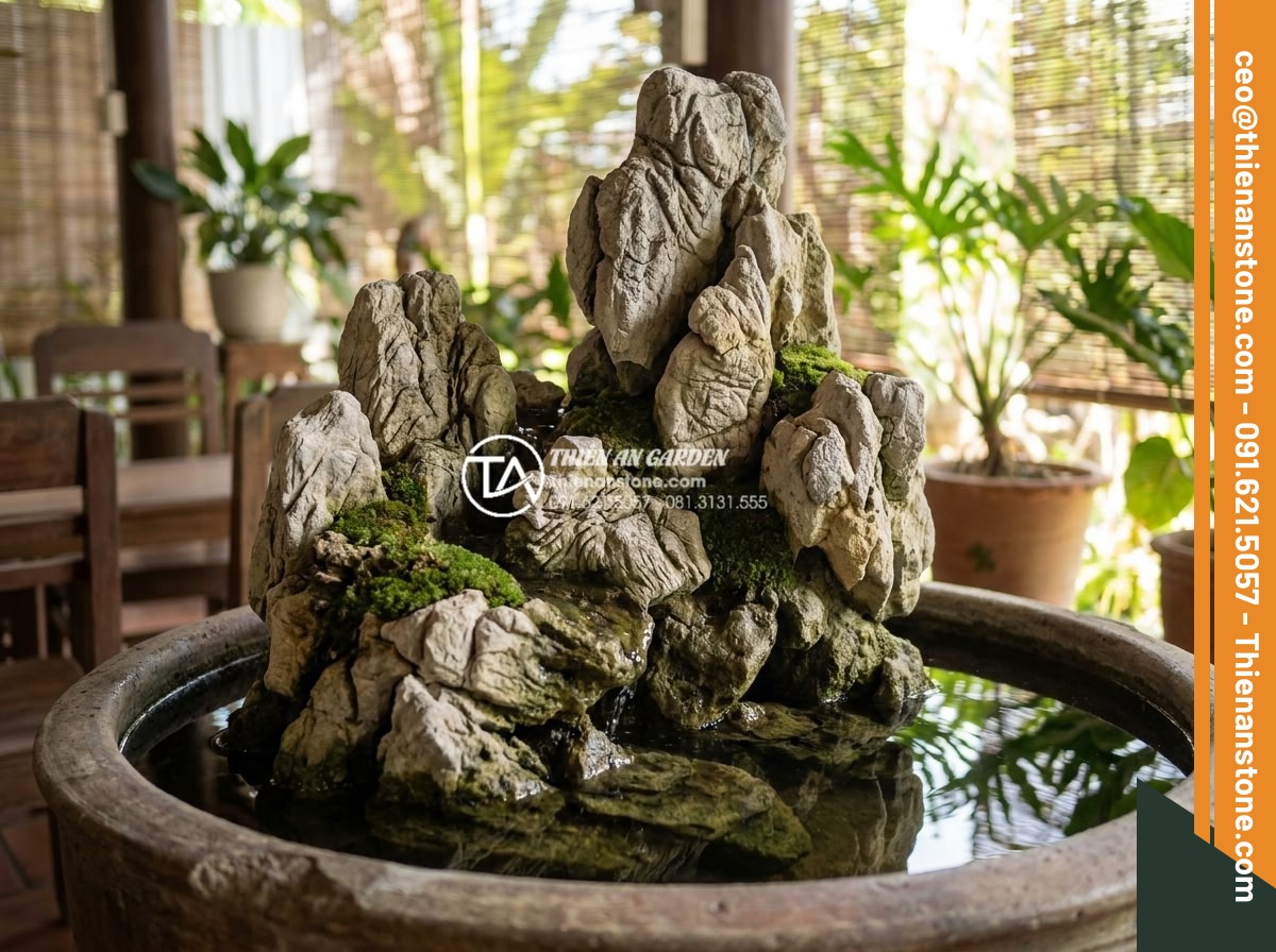 Tiểu cảnh chum nước cho quán cafe: Tuyệt chiêu thu hút khách check-in - Elegant cafe feature blending water pot and detailed stone mountain scene with n