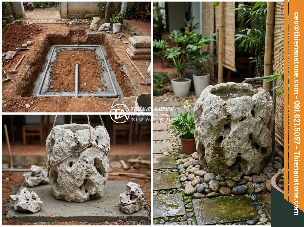 Tiểu cảnh chum nước cho quán cafe: Tuyệt chiêu thu hút khách check-in - Professional construction process of stone water jar feature in cafe, showing fo
