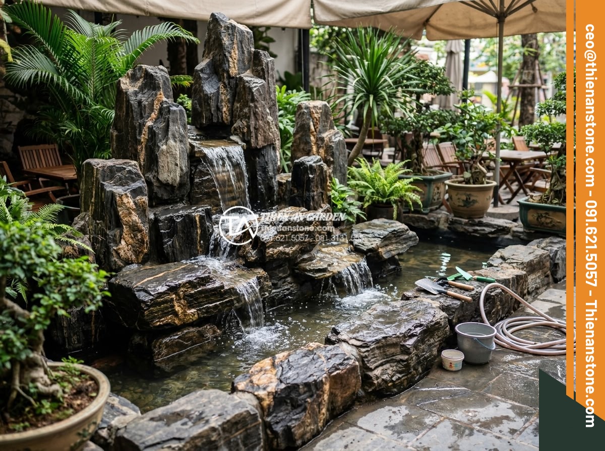 Tiểu cảnh chum nước cho quán cafe: Tuyệt chiêu thu hút khách check-in - Completed professional installation of cafe water landscape with workers finishi