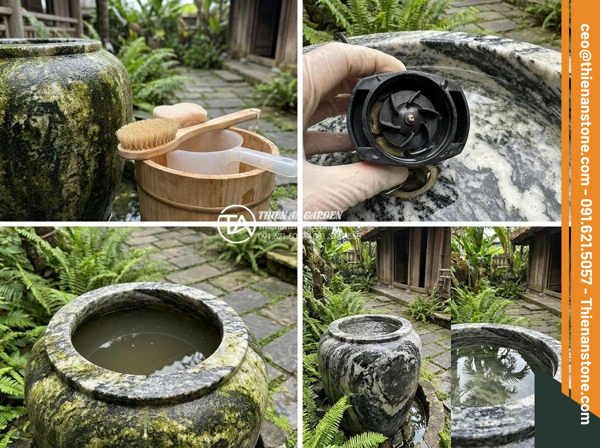 Tiểu cảnh chum nước cho quán cafe: Tuyệt chiêu thu hút khách check-in - Maintenance guide visuals for stone water features, including cleaning tools, pu