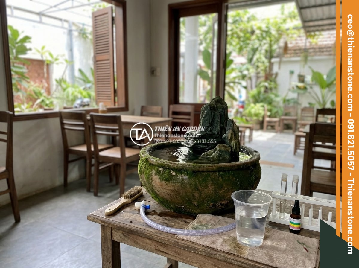 Tiểu cảnh chum nước cho quán cafe: Tuyệt chiêu thu hút khách check-in - Cafe staff performing routine care on water pot landscape, showing cleaning and 