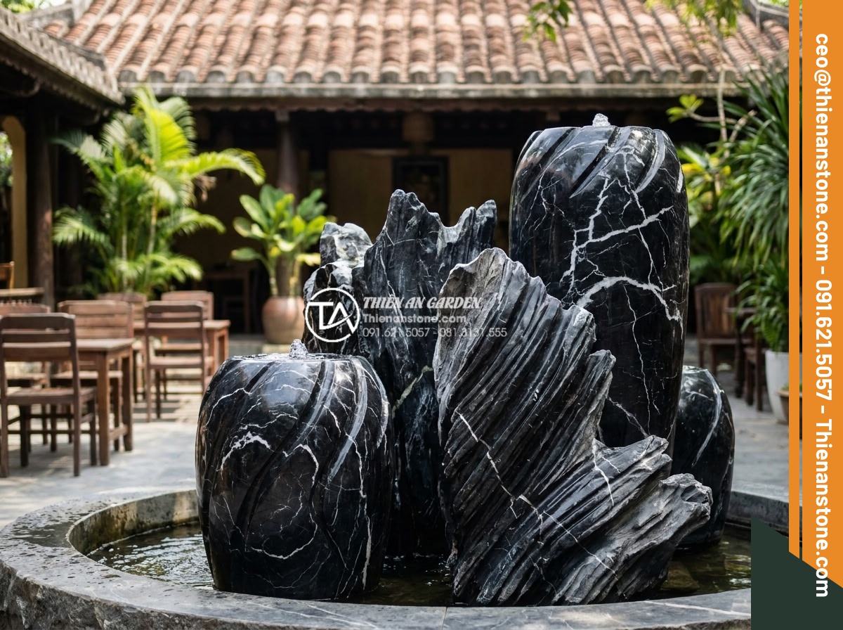 Tiểu cảnh chum nước cho quán cafe: Tuyệt chiêu thu hút khách check-in - Real-life successful cafe examples featuring prominent stone water jar landscape